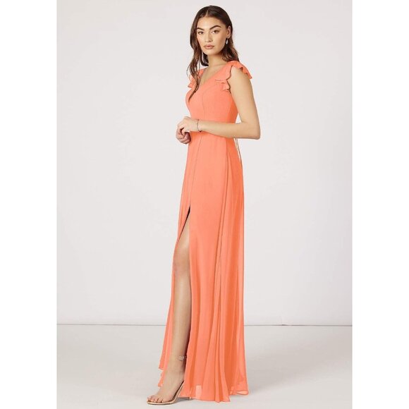 AZAZIE CLAUDINE A-Line Flutter Sleeve Chiffon Floor-Length Dress Sunset Size 4 - Picture 2 of 14